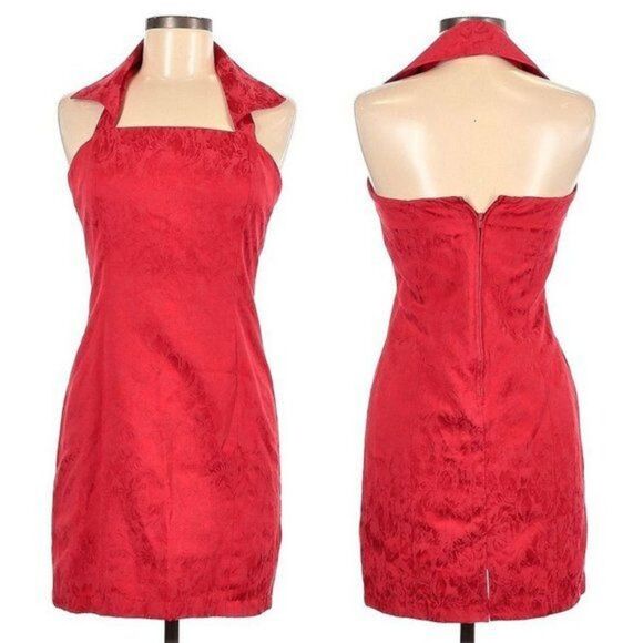 Vintage 1990s Newport News Halter Dress Red Floral Collar Siren Open Back Size 6 - Picture 1 of 11